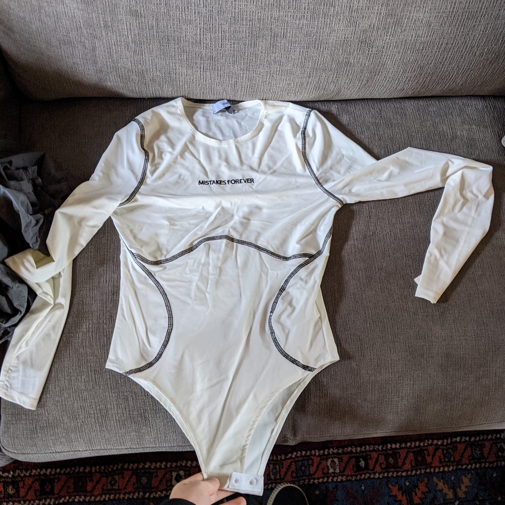 "mistakes forever," graphic off-white bodysuit
